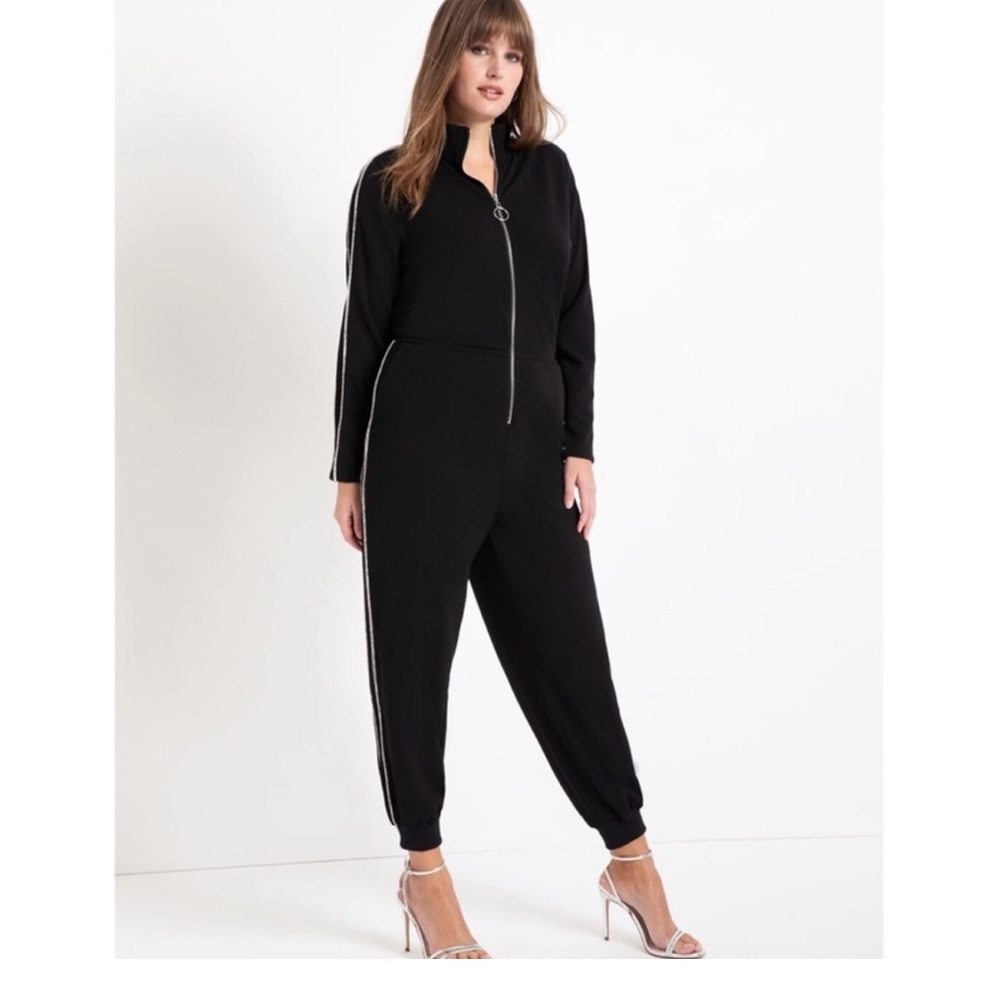 Eloquii Black Zip-Front Jumpsuit with Side Stripe